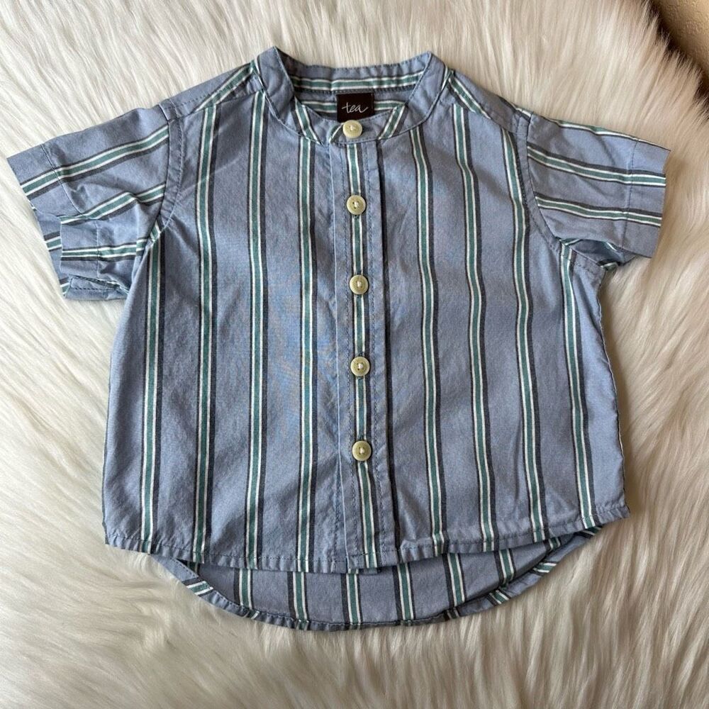Tea Collection Dusty Blue Striped Woven Shirt Size 6-9 Months